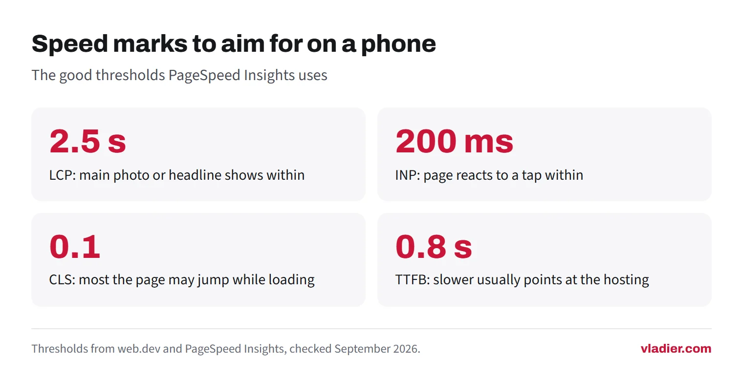 Four speed targets for a small business website: Largest Contentful Paint 2.5 seconds or less, Interaction to Next Paint 200 milliseconds or less, Cumulative Layout Shift 0.1 or less, and Time to First Byte 0.8 seconds or less.